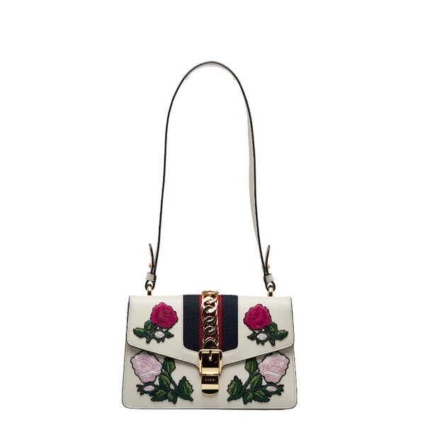 グッチ シェリーライン シルヴィ スモール リボン フラワー ショルダーバッグ 421882 ホワイト  レザー レディース GUCCI 【中古】