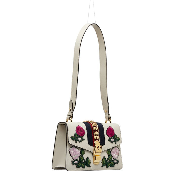 グッチ シェリーライン シルヴィ スモール リボン フラワー ショルダーバッグ 421882 ホワイト  レザー レディース GUCCI 【中古】