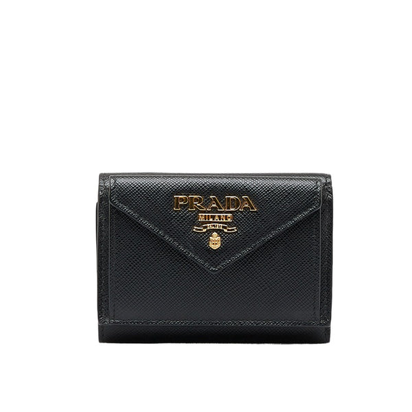プラダ 三つ折り財布 コンパクトウォレット ブラック レザー レディース PRADA 【中古】