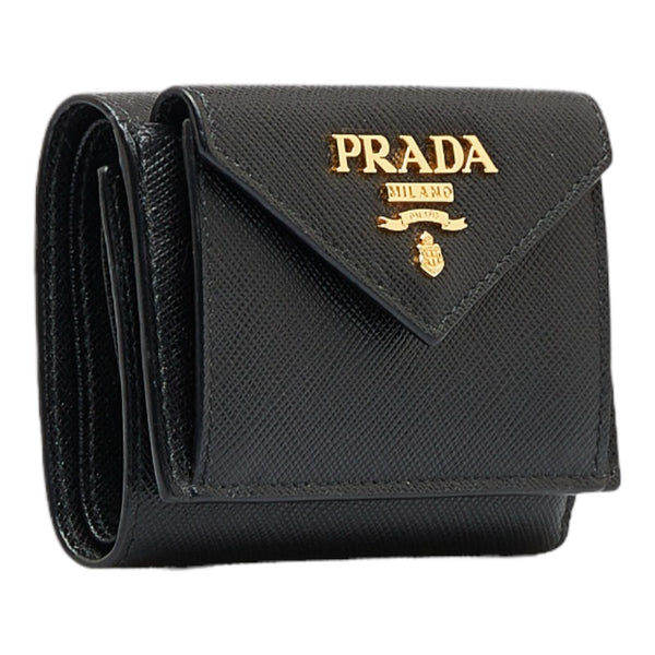 プラダ 三つ折り財布 コンパクトウォレット ブラック レザー レディース PRADA 【中古】