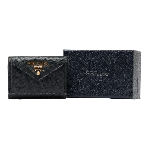 プラダ 三つ折り財布 コンパクトウォレット ブラック レザー レディース PRADA 【中古】