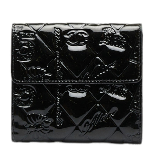シャネル アイコンライン ココマーク 二つ折り財布 ブラック エナメル レザー レディース CHANEL 【中古】
