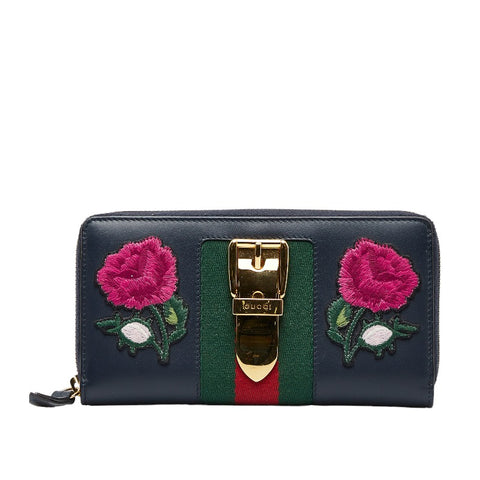 グッチ シルヴィ エンブロイダリー GINZA 2017 長財布 ラウンドファスナー 476083 ネイビー マルチカラー レザー レディース GUCCI 【中古】