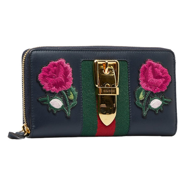 グッチ シルヴィ エンブロイダリー GINZA 2017 長財布 ラウンドファスナー 476083 ネイビー マルチカラー レザー レディース GUCCI 【中古】