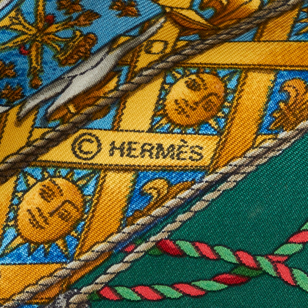 エルメス カレ90 LES TAMBOURS タンブールの太鼓 スカーフ グリーン マルチカラー シルク レディース HERMES 【中古】