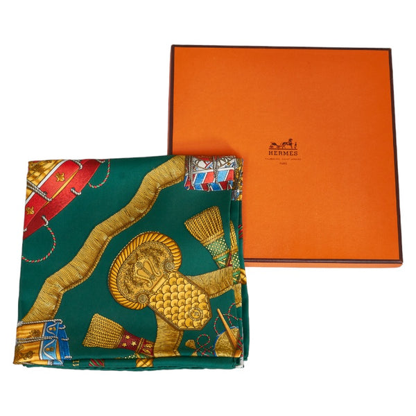 エルメス カレ90 LES TAMBOURS タンブールの太鼓 スカーフ グリーン マルチカラー シルク レディース HERMES 【中古】