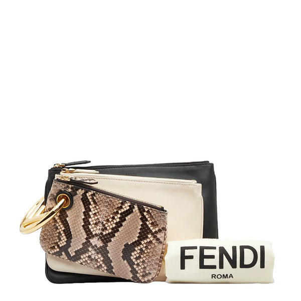フェンディ トリプレット クラッチバッグ ポーチ 8BS001 ベージュ ブラック レザー パイソン レディース FENDI 【中古】