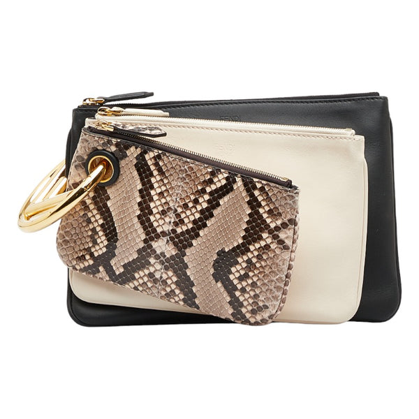 フェンディ トリプレット クラッチバッグ ポーチ 8BS001 ベージュ ブラック レザー パイソン レディース FENDI 【中古】