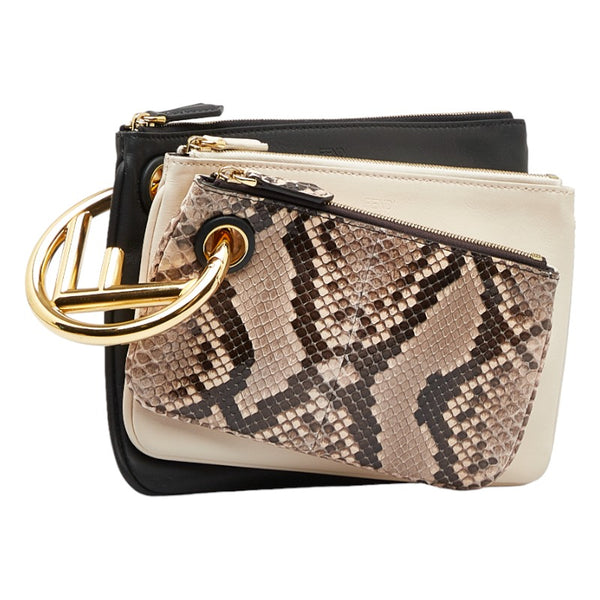 フェンディ トリプレット クラッチバッグ ポーチ 8BS001 ベージュ ブラック レザー パイソン レディース FENDI 【中古】