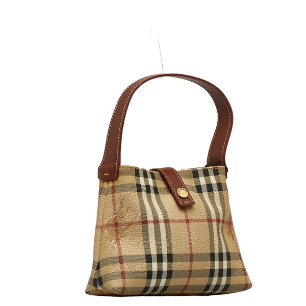 バーバリー ノバチェック シャドーホース ミニハンドバッグ ポーチ ベージュ ブラウン PVC レザー レディース BURBERRY 【中古】