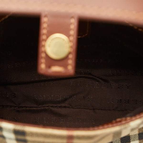 バーバリー ノバチェック シャドーホース ミニハンドバッグ ポーチ ベージュ ブラウン PVC レザー レディース BURBERRY 【中古】