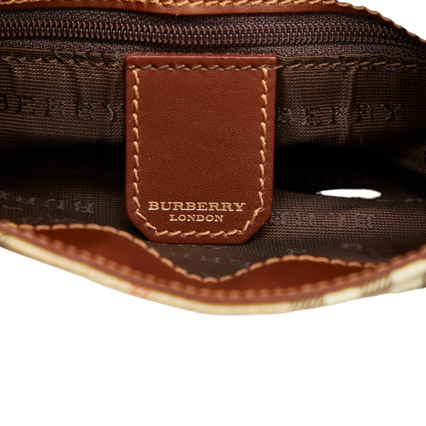 バーバリー ノバチェック シャドーホース ミニハンドバッグ ポーチ ベージュ ブラウン PVC レザー レディース BURBERRY 【中古】