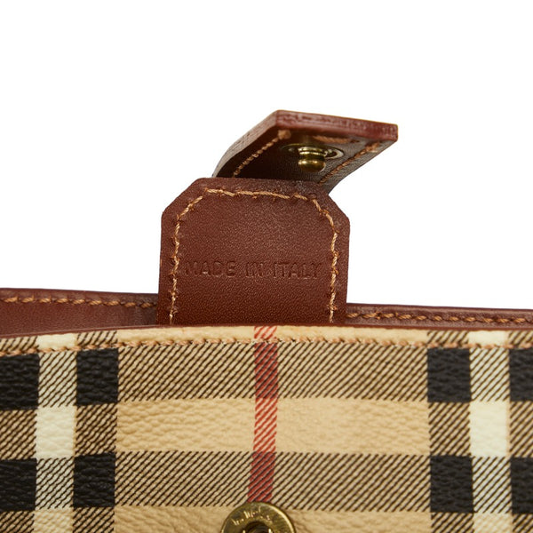 バーバリー ノバチェック シャドーホース ミニハンドバッグ ポーチ ベージュ ブラウン PVC レザー レディース BURBERRY 【中古】