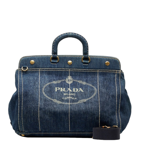 プラダ ロゴ ステッチ デニム ハンドバッグ ショルダーバッグ 2WAY BN2028 インディゴブルー キャンバス レディース PRADA 【中古】