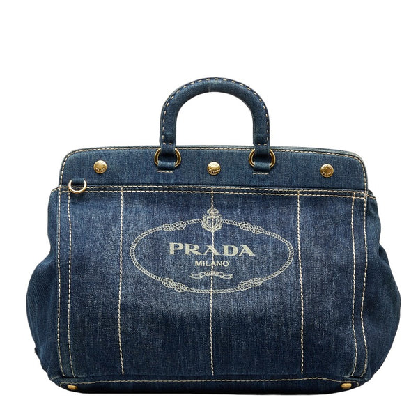プラダ ロゴ ステッチ デニム ハンドバッグ ショルダーバッグ 2WAY BN2028 インディゴブルー キャンバス レディース PRADA 【中古】