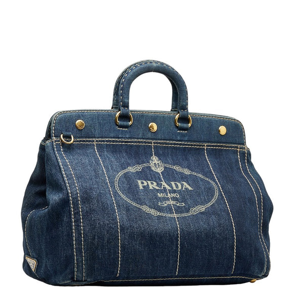 プラダ ロゴ ステッチ デニム ハンドバッグ ショルダーバッグ 2WAY BN2028 インディゴブルー キャンバス レディース PRADA 【中古】