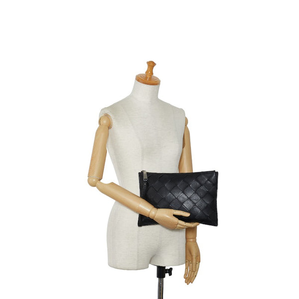 ボッテガヴェネタ マキシイントレチャート ラージポーチ クラッチバッグ ブラック レザー メンズ BOTTEGAVENETA 【中古】