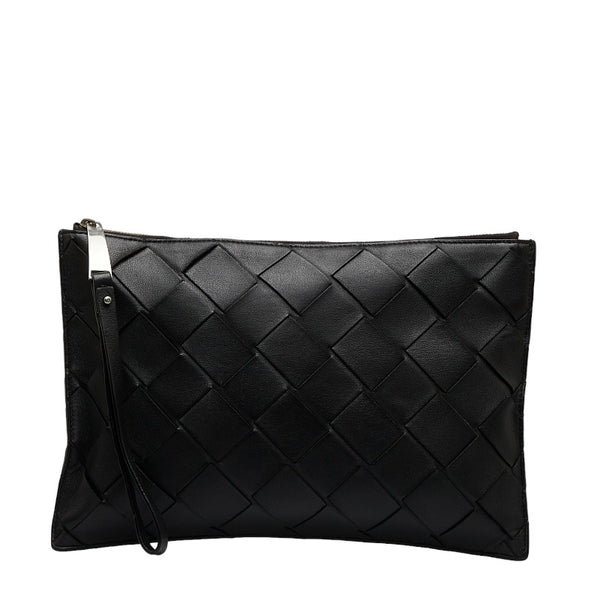 ボッテガヴェネタ マキシイントレチャート ラージポーチ クラッチバッグ ブラック レザー メンズ BOTTEGAVENETA 【中古】