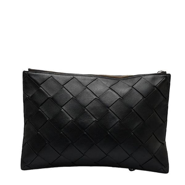 ボッテガヴェネタ マキシイントレチャート ラージポーチ クラッチバッグ ブラック レザー メンズ BOTTEGAVENETA 【中古】