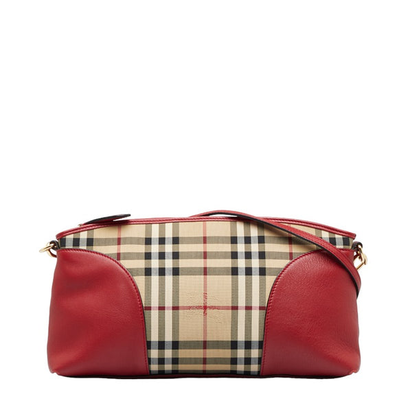 バーバリー ノバチェック シャドーホース 斜め掛け ショルダーバッグ ベージュ レッド キャンバス レザー レディース BURBERRY 【中古】
