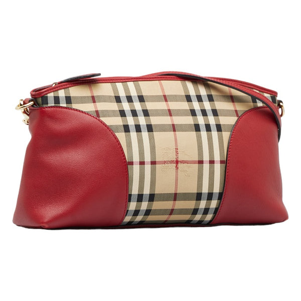 バーバリー ノバチェック シャドーホース 斜め掛け ショルダーバッグ ベージュ レッド キャンバス レザー レディース BURBERRY 【中古】