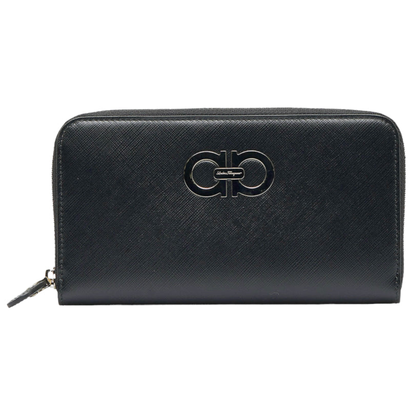 サルヴァトーレフェラガモ ガンチーニ ラウンドファスナー 長財布 ブラック レザー レディース Salvatore Ferragamo 【中古】