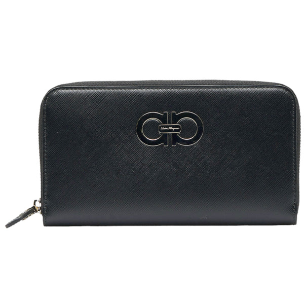 サルヴァトーレフェラガモ ガンチーニ ラウンドファスナー 長財布 ブラック レザー レディース Salvatore Ferragamo 【中古】