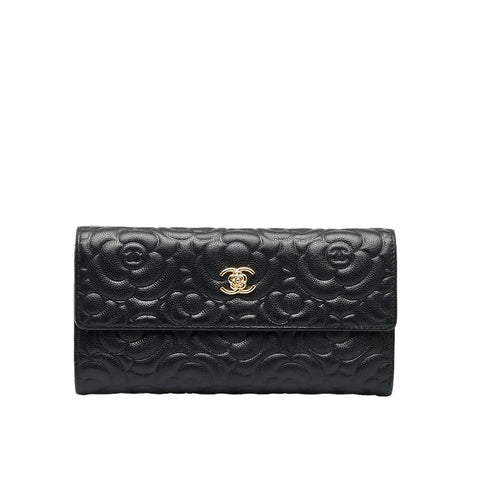シャネル カメリア 長財布 ブラック キャビアスキン レディース CHANEL 【中古】