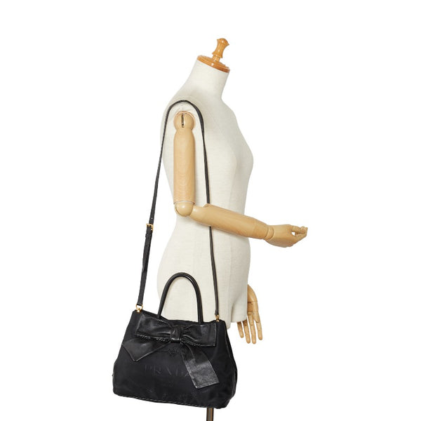 プラダ ロゴ ジャガード フィオッコ リボン ハンドバッグ ショルダーバッグ 2WAY ブラック ナイロン レザー レディース PRADA 【中古】