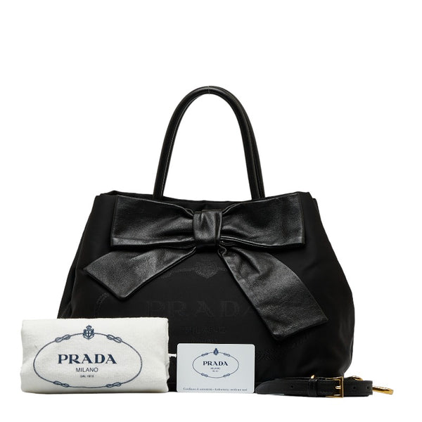 プラダ ロゴ ジャガード フィオッコ リボン ハンドバッグ ショルダーバッグ 2WAY ブラック ナイロン レザー レディース PRADA 【中古】