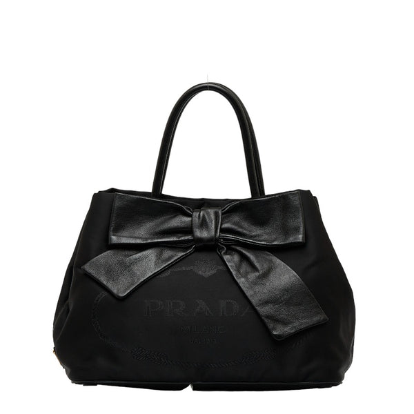 プラダ ロゴ ジャガード フィオッコ リボン ハンドバッグ ショルダーバッグ 2WAY ブラック ナイロン レザー レディース PRADA 【中古】