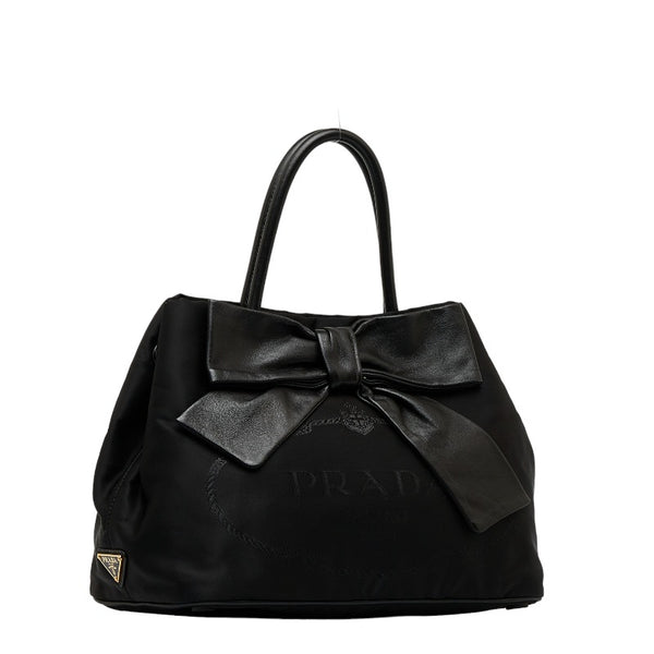 プラダ ロゴ ジャガード フィオッコ リボン ハンドバッグ ショルダーバッグ 2WAY ブラック ナイロン レザー レディース PRADA 【中古】