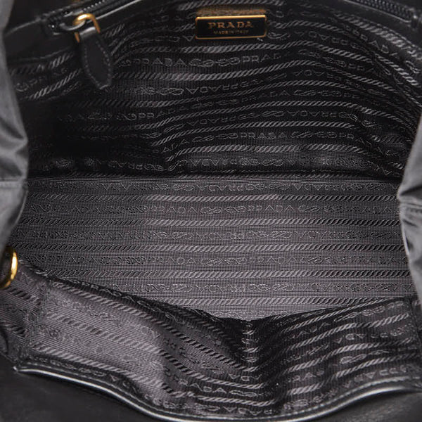 プラダ ロゴ ジャガード フィオッコ リボン ハンドバッグ ショルダーバッグ 2WAY ブラック ナイロン レザー レディース PRADA 【中古】