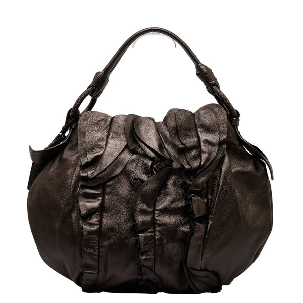 プラダ フリル ワンショルダーバッグ ハンドバッグ ブラウン レザー レディース PRADA 【中古】