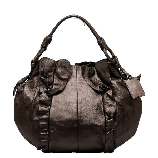 プラダ フリル ワンショルダーバッグ ハンドバッグ ブラウン レザー レディース PRADA 【中古】