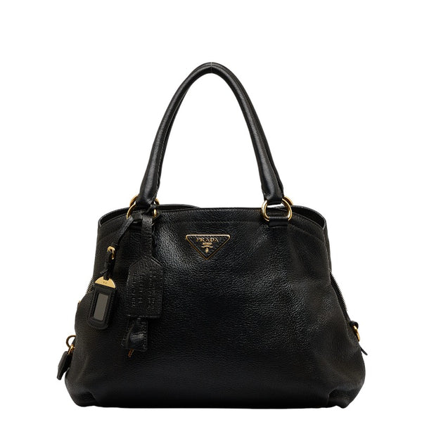 プラダ 三角プレート ハンドバッグ ブラック レザー レディース PRADA 【中古】