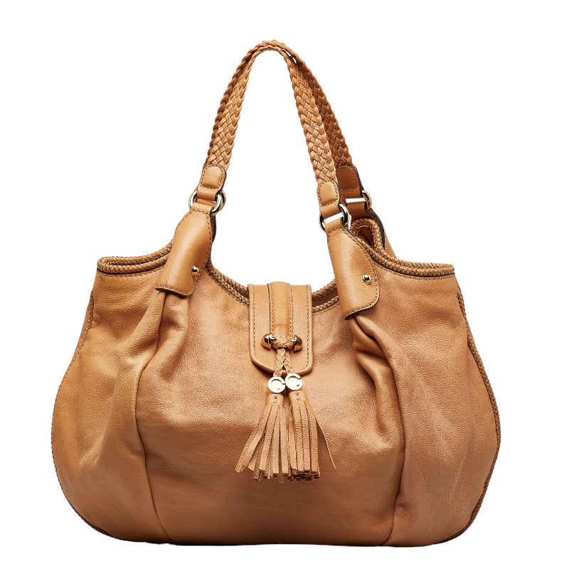 グッチ マラケシュ Gチャームフリンジ 編み込みハンドル ショルダーバッグ トートバッグ 257029 ベージュ レザー レディース GUCCI 【中古】