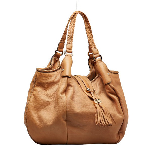 グッチ マラケシュ Gチャームフリンジ 編み込みハンドル ショルダーバッグ トートバッグ 257029 ベージュ レザー レディース GUCCI 【中古】