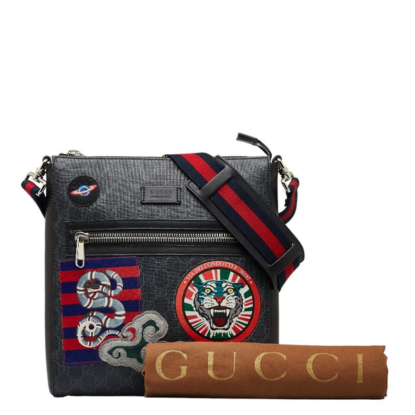 グッチ GGスプリーム クーリエ ワッペン 虎 蛇 ナイトクーリエ 斜め掛け ショルダーバッグ 474137 ブラック PVC レザー メンズ GUCCI 【中古】