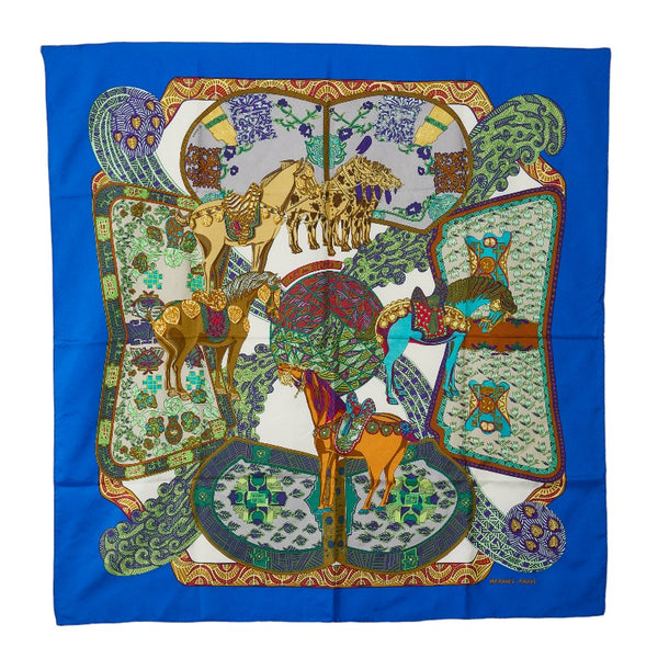 エルメス カレ90 ART des STEPPES ステップ美術 スカーフ ブルー シルク レディース HERMES 【中古】