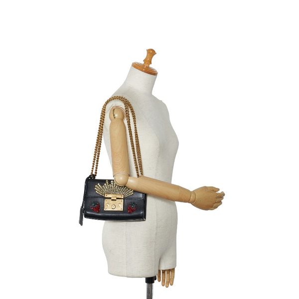 グッチ ストロベリーパドロック チェーン ショルダーバッグ 432182 ブラック レザー ラインストーン レディース GUCCI 【中古】