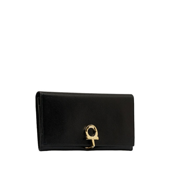 サルヴァトーレフェラガモ ガンチーニ 長財布 ブラック ゴールド レザー レディース Salvatore Ferragamo 【中古】