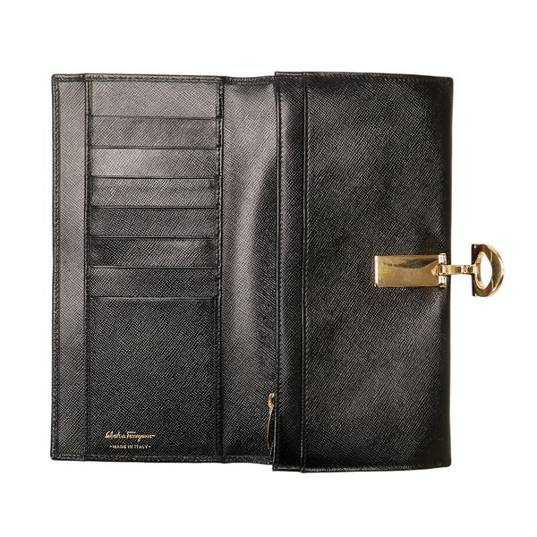 サルヴァトーレフェラガモ ガンチーニ 長財布 ブラック ゴールド レザー レディース Salvatore Ferragamo 【中古】
