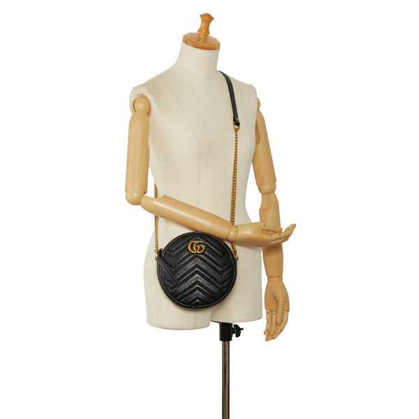 グッチ GGマーモント ラウンド ミニ ショルダーバッグ 550154 ブラック ゴールド レザー レディース GUCCI 【中古】