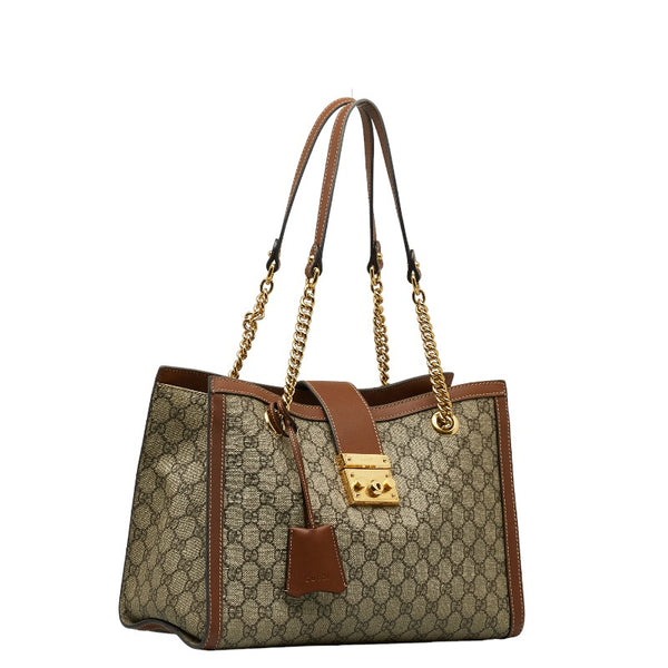 グッチ GGスプリーム パドロック チェーン ショルダーバッグ トートバッグ 479197 ベージュ ブラウン PVC レザー レディース GUCCI 【中古】