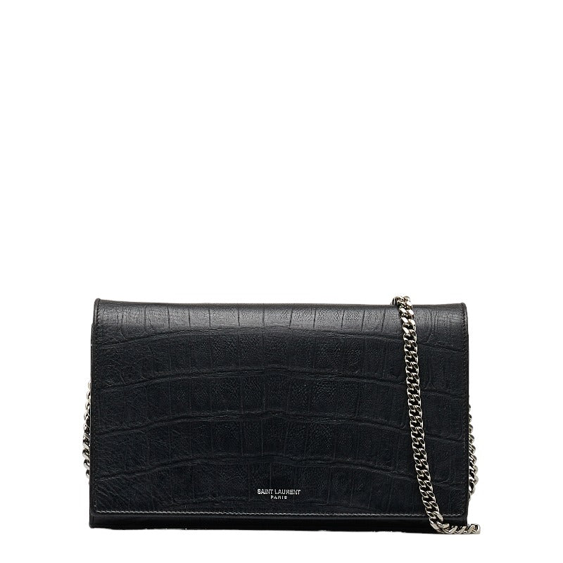 サンローラン クロコ型押し チェーンウォレット ショルダーバッグ 2WAY ブラック レザー レディース SAINT LAURENT 【中古】