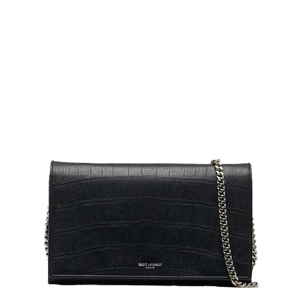 サンローラン クロコ型押し チェーンウォレット ショルダーバッグ 2WAY ブラック レザー レディース SAINT LAURENT 【中古】