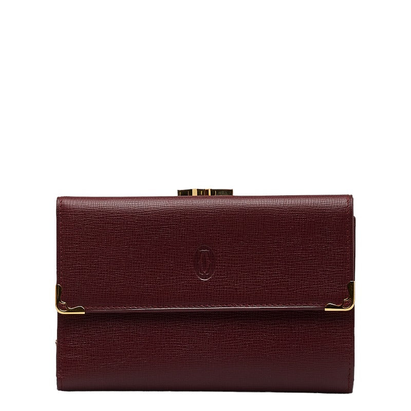 カルティエ マストライン がま口 ゴールド金具 三つ折り財布 ボルドー ワインレッド レザー レディース CARTIER 【中古】
