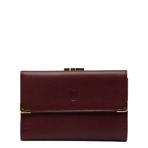 カルティエ マストライン がま口 ゴールド金具 三つ折り財布 ボルドー ワインレッド レザー レディース CARTIER 【中古】