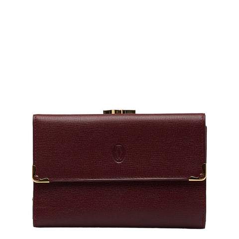 カルティエ マストライン がま口 ゴールド金具 三つ折り財布 ボルドー ワインレッド レザー レディース CARTIER 【中古】